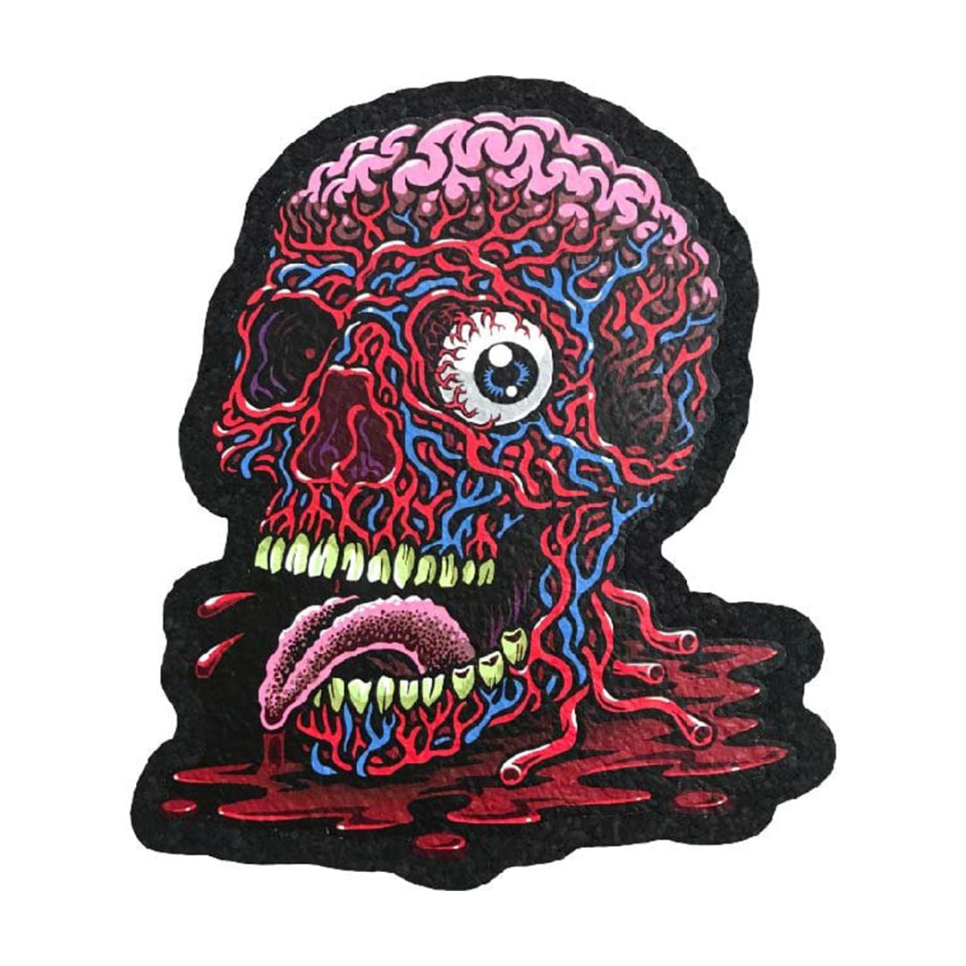 A close-up of the 10" Dab Mats featuring a vibrant, grotesque illustration of an eye and teeth surrounded by red veins.