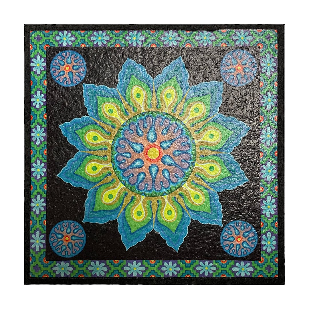 Front view of the 10" Dab Mats, showcasing a circular, patterned design with a dark background and a vibrant, floral arrangement.