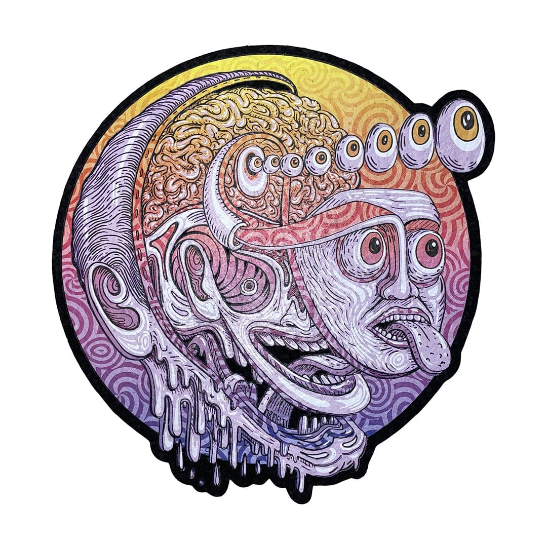 A detailed illustration of the “10” Dab Mats, featuring a swirling, colorful design with abstract, eye-like motifs on a dark background.