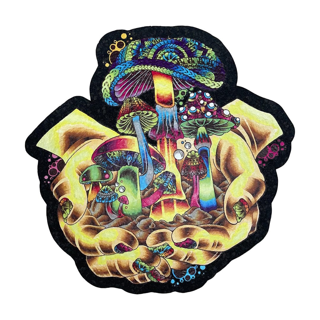 A top-down view of the 10" Dab Mats, featuring a colorful, detailed mushroom design on a dark background.