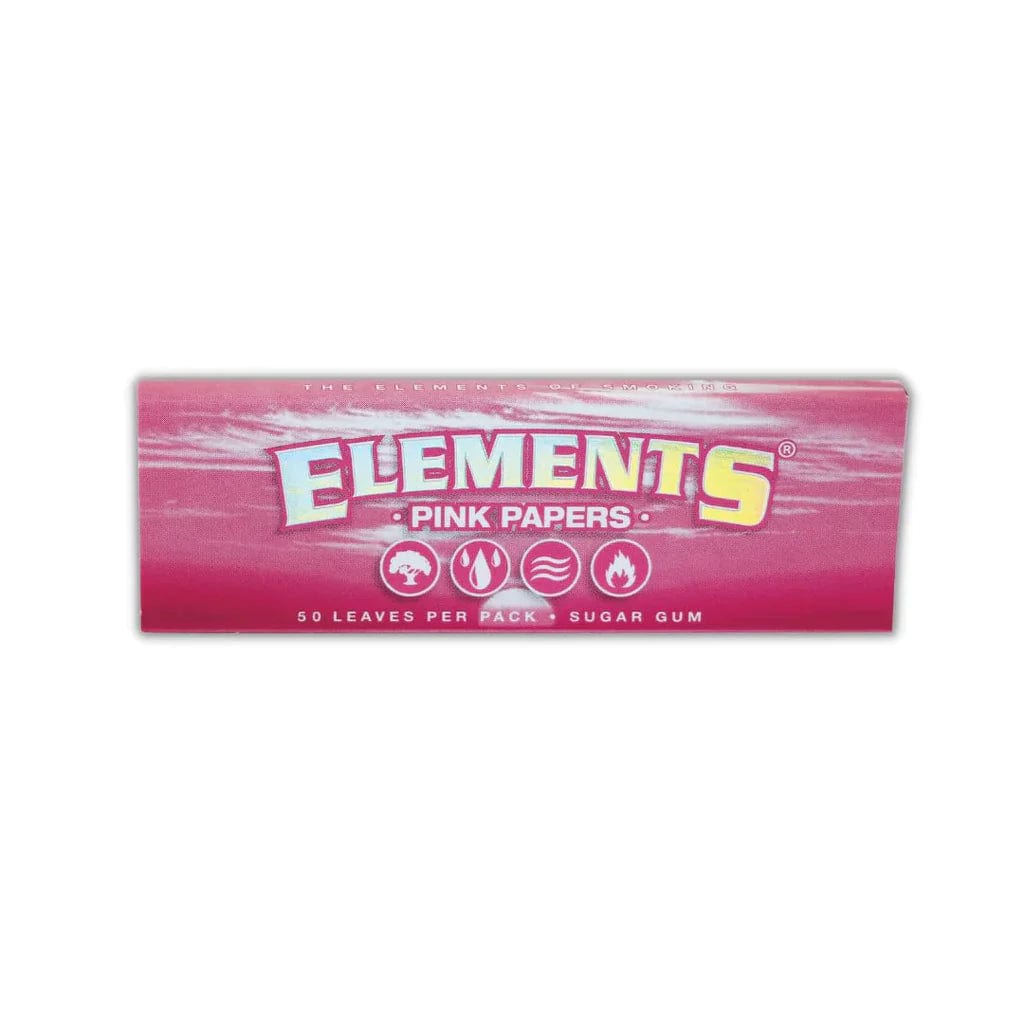 Front view of Pink 1 1/4 Rolling Papers with a purple and white branded package, laid flat against a white backdrop.