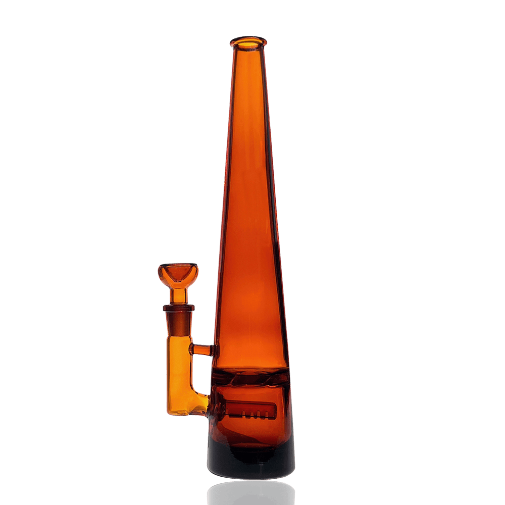 A three-quarter view of the Elevate Jane Chroma Mimi Bong, showcasing its sleek, amber-toned glass design against a plain white background.