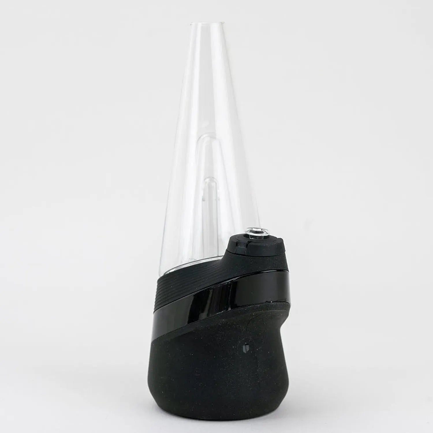 Close-up front view of the Empire Glassworks PuffCo 'New Peak' & Proxy Glass Joystick Cap - Blue Lagoon showing a clear conical glass tip mounted on a black textured base against a white background