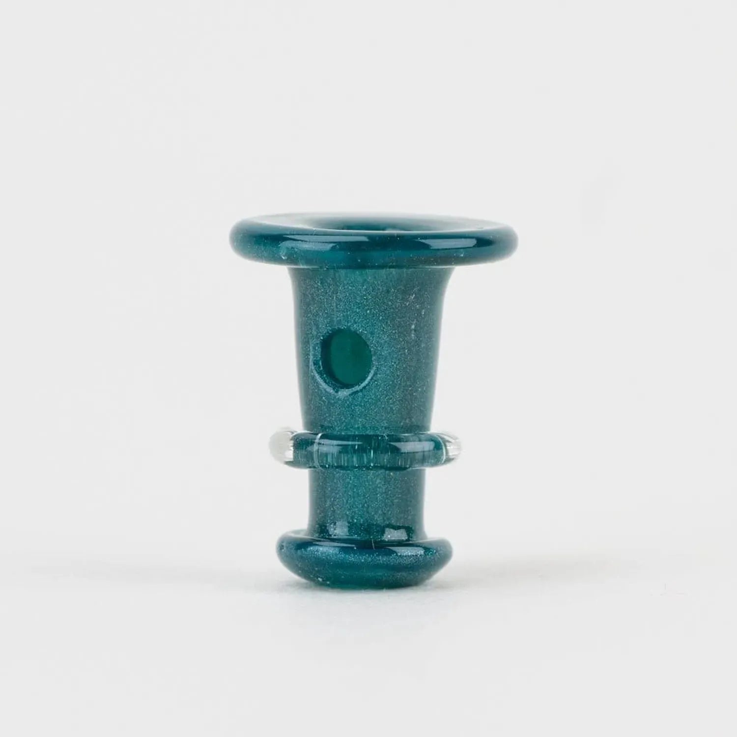 Close-up front view of the Empire Glassworks PuffCo 'New Peak' & Proxy Glass Joystick Cap - Blue Lagoon showing a teal-blue glass cap with flared rim, side hole, and clear glass rings.