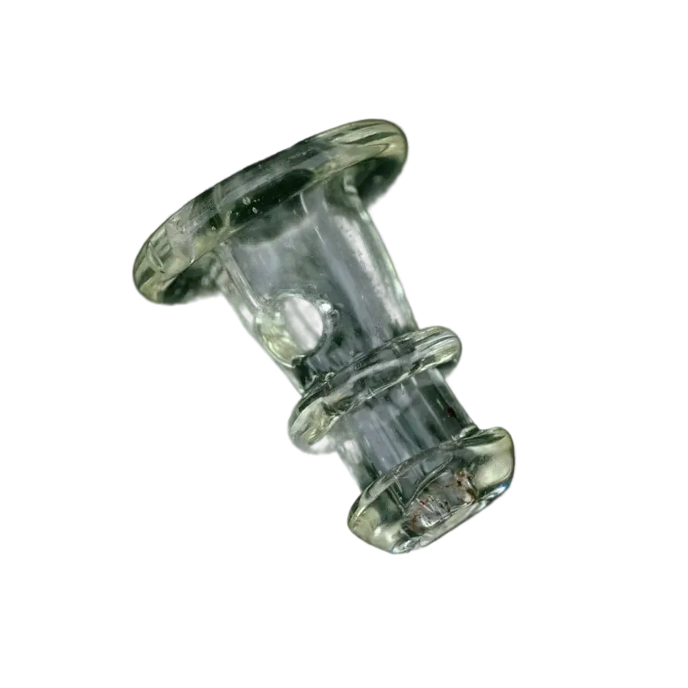Angled close-up of the translucent Eclipse Empire Glassworks PuffCo 'New Peak' & Proxy Glass Joystick Cap showing its flared rim and stacked ring details against a black background
