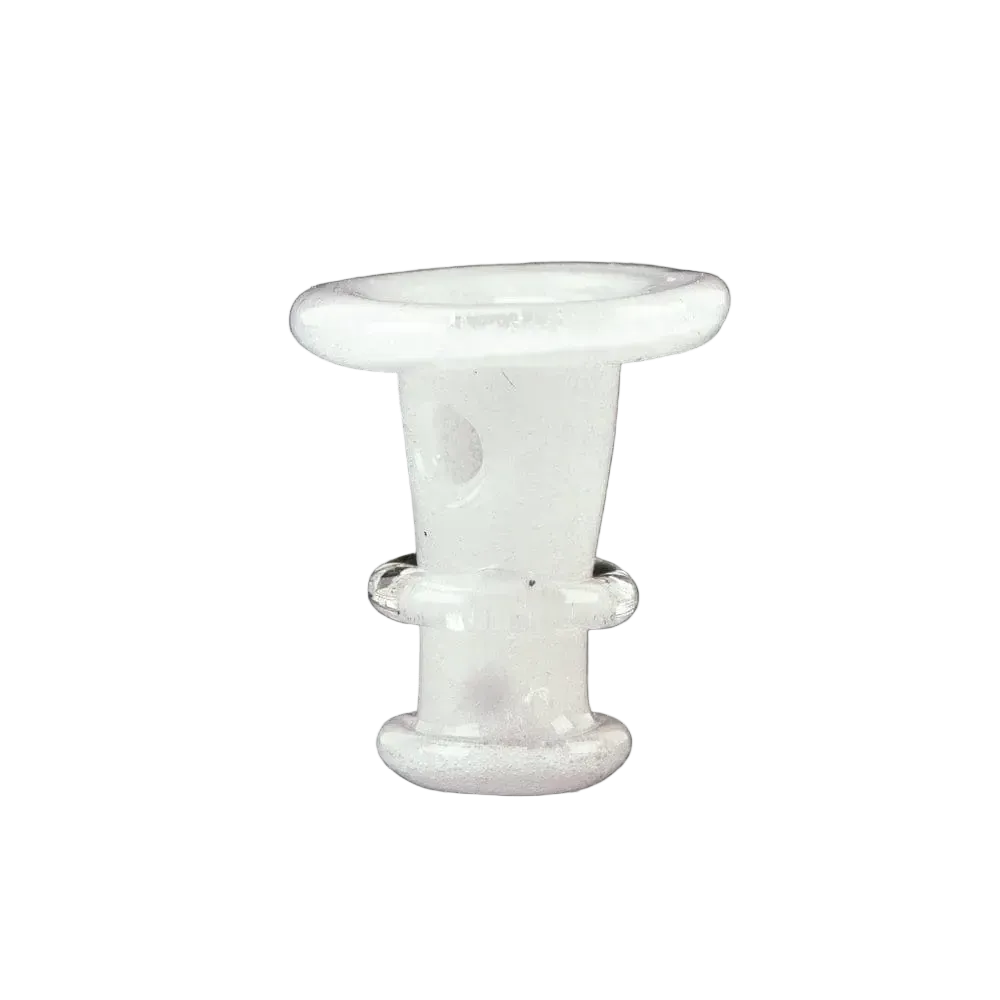Front-facing close-up of the Empire Glassworks PuffCo 'New Peak' & Proxy Glass Joystick Cap - Glow in the Dark showing a milky, rounded glass cap with a central ring against a black background