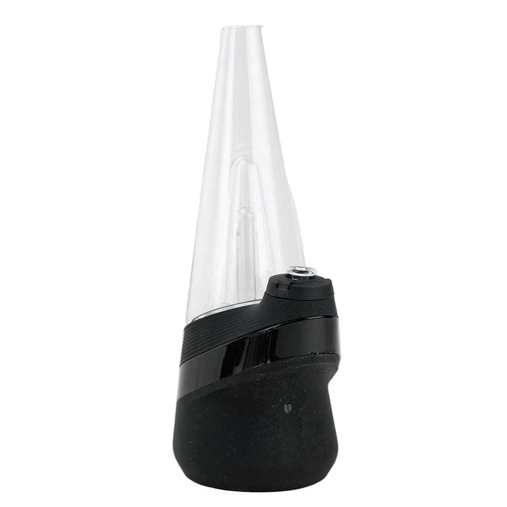 Straight-on view of the Empire Glassworks PuffCo 'New Peak' & Proxy Glass Joystick Cap - Pink Slyme sitting upright with its clear conical glass atop a black base against a white background