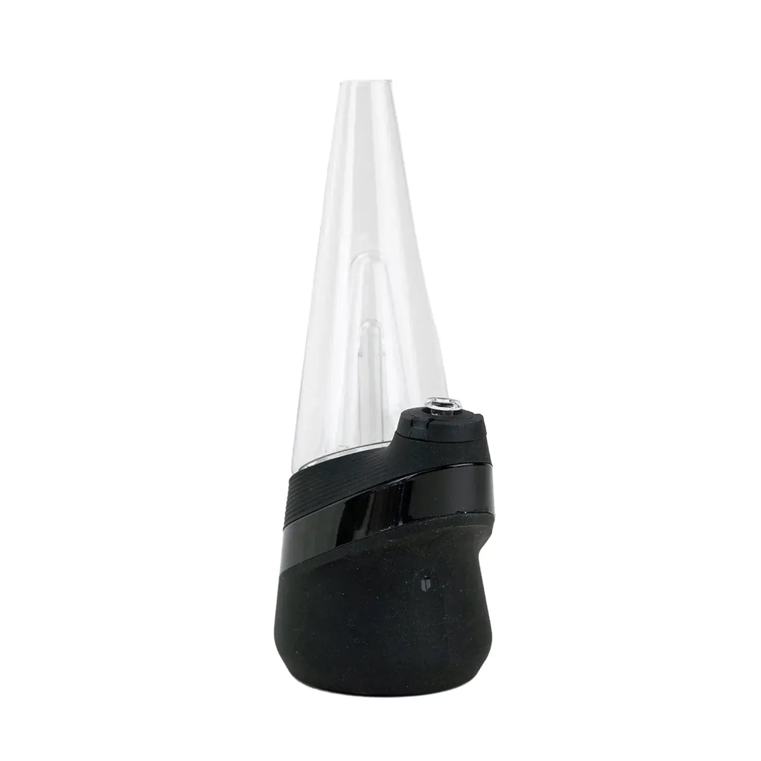 Close-up front view of the Empire Glassworks PuffCo 'New Peak' & Proxy Glass Joystick Cap - Pink UV showing a clear conical glass cap mounted on a black joystick base against a white background