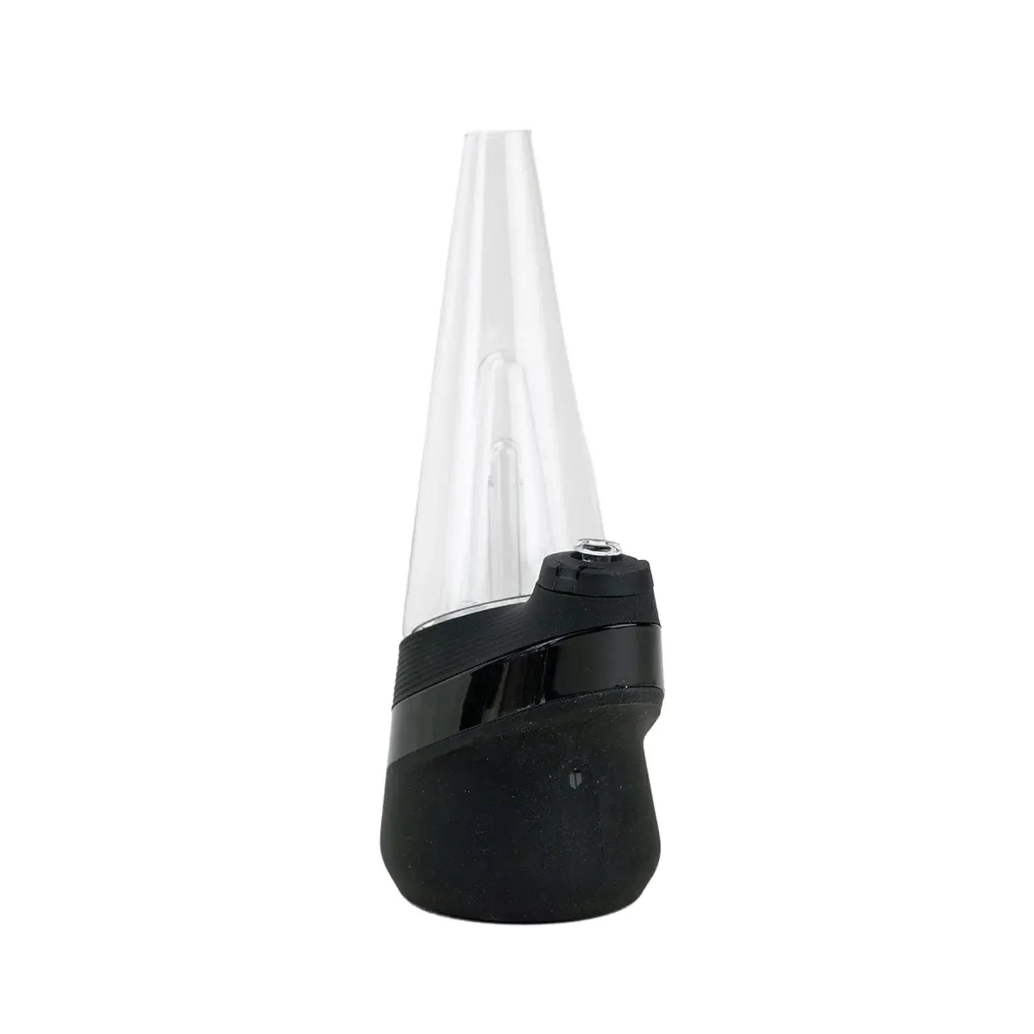 Angled close-up of the Empire Glassworks PuffCo 'New Peak' & Proxy Glass Joystick Cap - Translucent Red showing the clear tapered glass cap mounted on a black joystick base against a white background