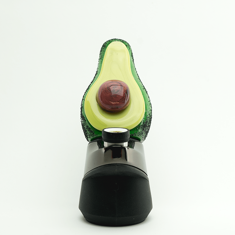 Front view of the Avocadope PuffCo Peak & Peak Pro Glass Attachment, resembling a green avocado with a visible joint.