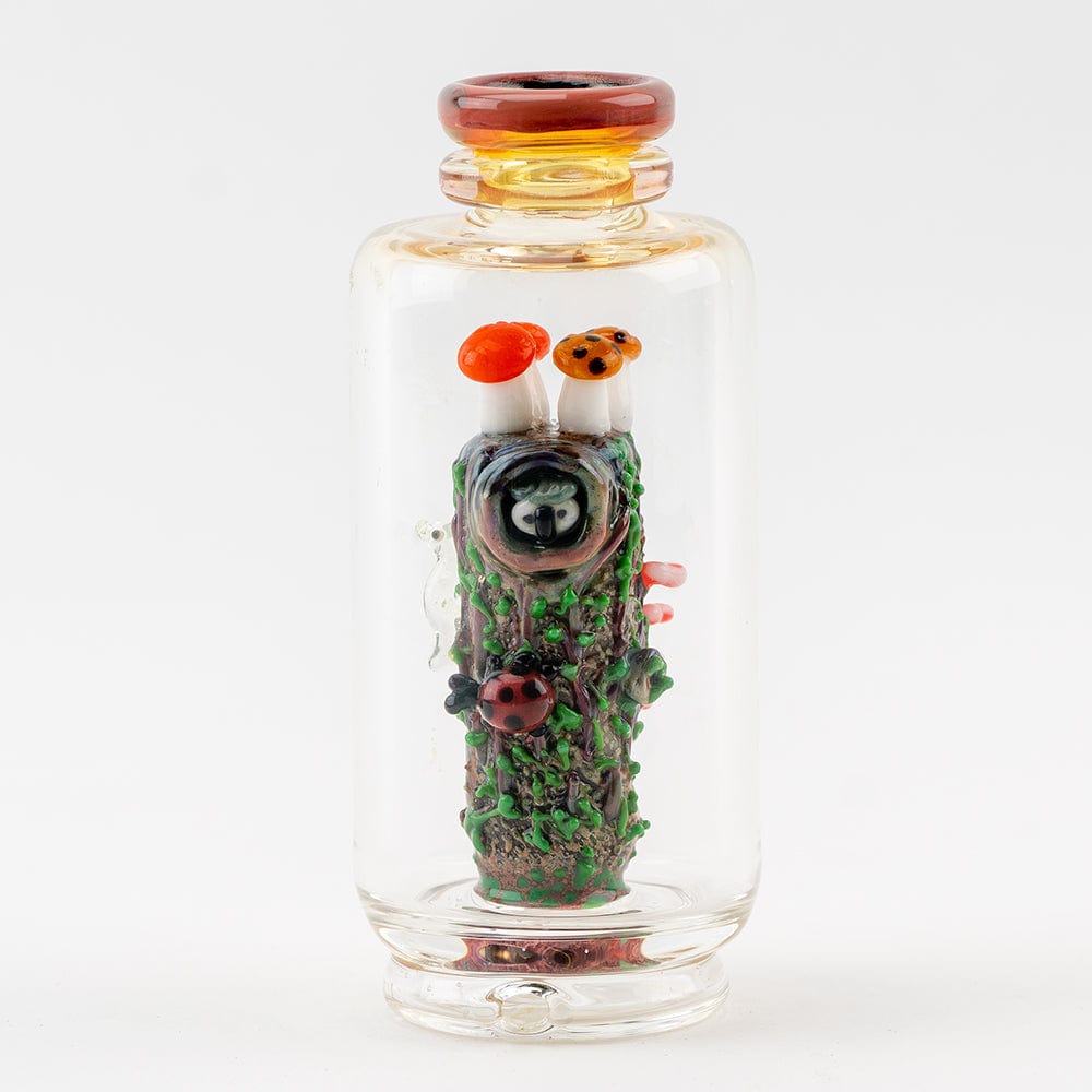 Front view of the “Renew the Redwood” Puffco Peak & Peak Pro glass attachment, resembling a miniature redwood tree with textured bark.