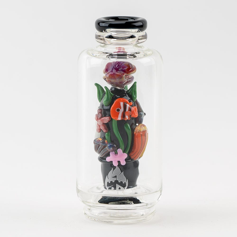 A detailed front view of the “Save the Seas” Puffco Peak & Peak Pro Glass Attachment, displaying vibrant oceanic details sculpted into the clear glass.