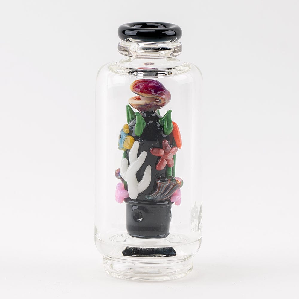 A close-up, angled view of the “Save the Seas” Puffco Peak & Peak Pro Glass Attachment, showcasing a colorful marine life design.