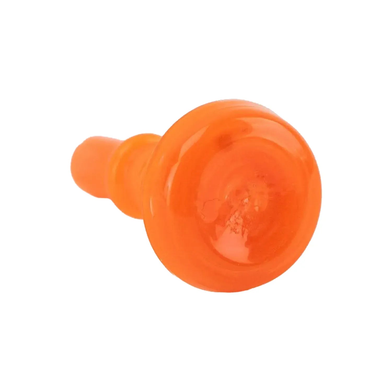 Close-up front angle of the orange Empire Glassworks PuffCo Peak Pro 3D XL Chamber Glass Joystick Cap showing its glossy domed top and rounded stem against a white background