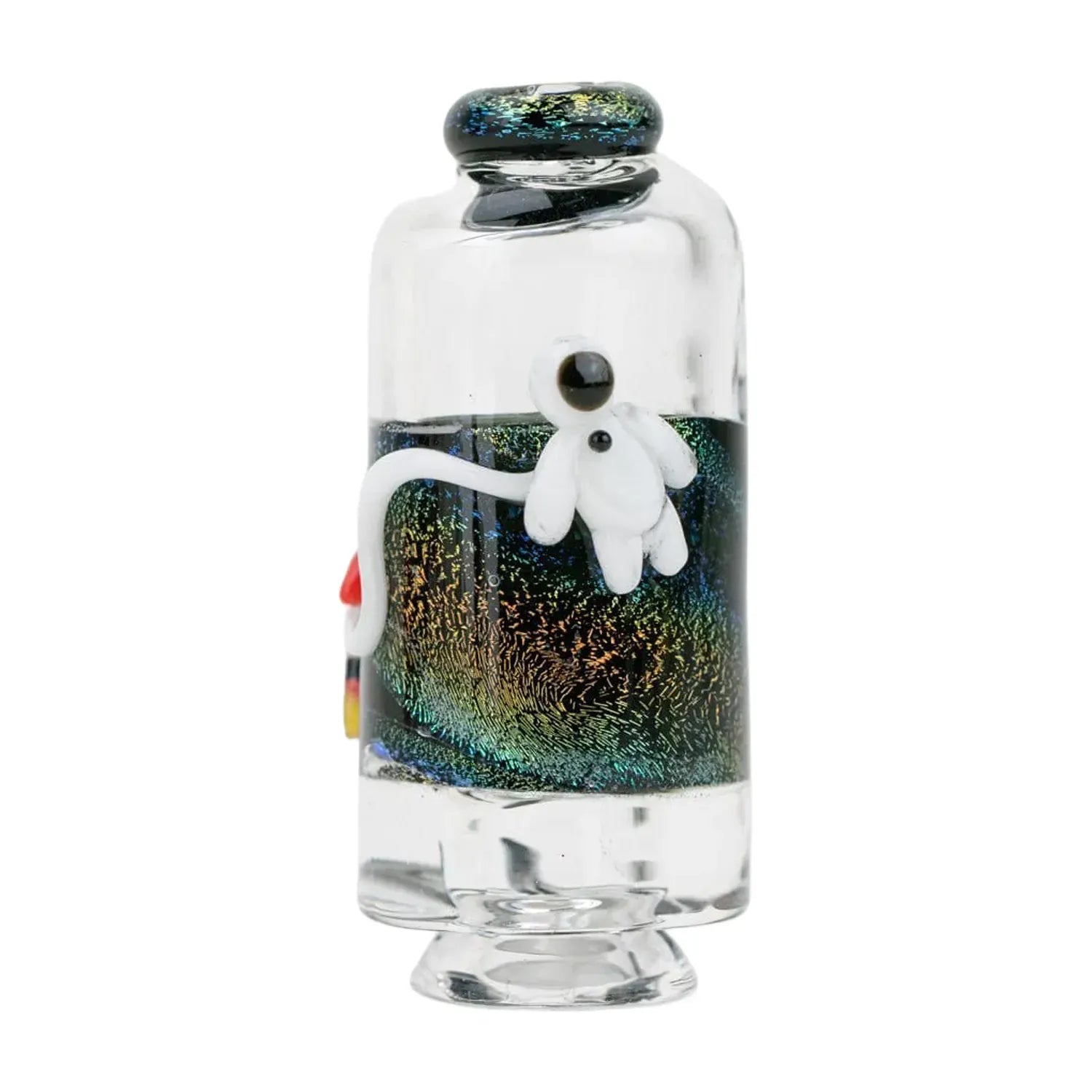 Close-up front view of the Empire Glassworks Puffco Pivot Glass Mouthpiece - Across the Universe showing a small white astronaut figure floating against a shimmering black-green iridescent band.