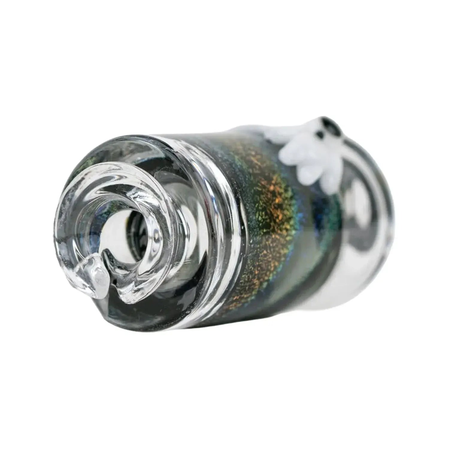 Close-up, angled view of the Empire Glassworks Puffco Pivot Glass Mouthpiece - Across the Universe showing a clear spiral glass tip and iridescent green-blue body with white flower detail.