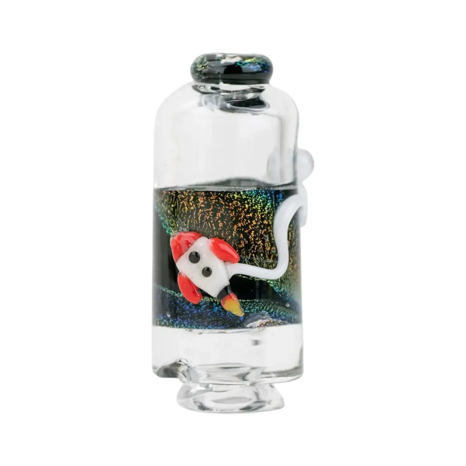 Close-up front view of the Empire Glassworks Puffco Pivot Glass Mouthpiece - Across the Universe showing a clear glass cap with a glittery dark iridescent band and a small red-and-white rocket detail.