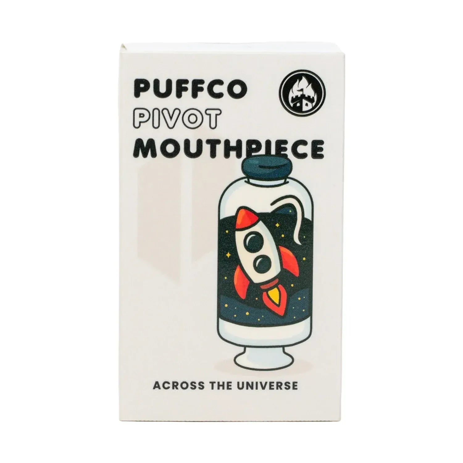 Centered front view of the Empire Glassworks Puffco Pivot Glass Mouthpiece - Across the Universe box showing a cartoon rocket in a jar illustration and bold black text.