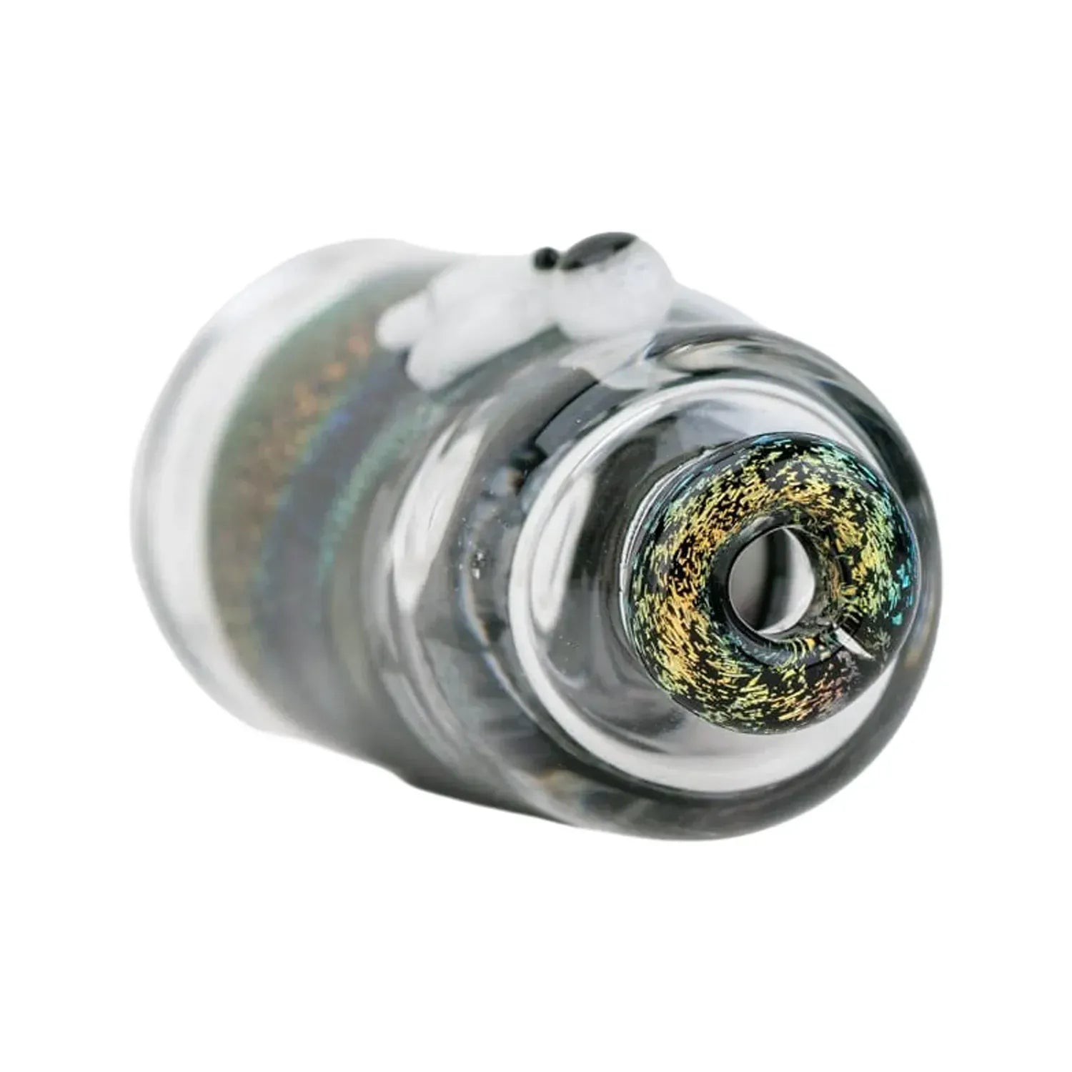 Close-up angled view of the Empire Glassworks Puffco Pivot Glass Mouthpiece - Across the Universe showing the rounded glass tip with iridescent gold and teal speckling against a white background