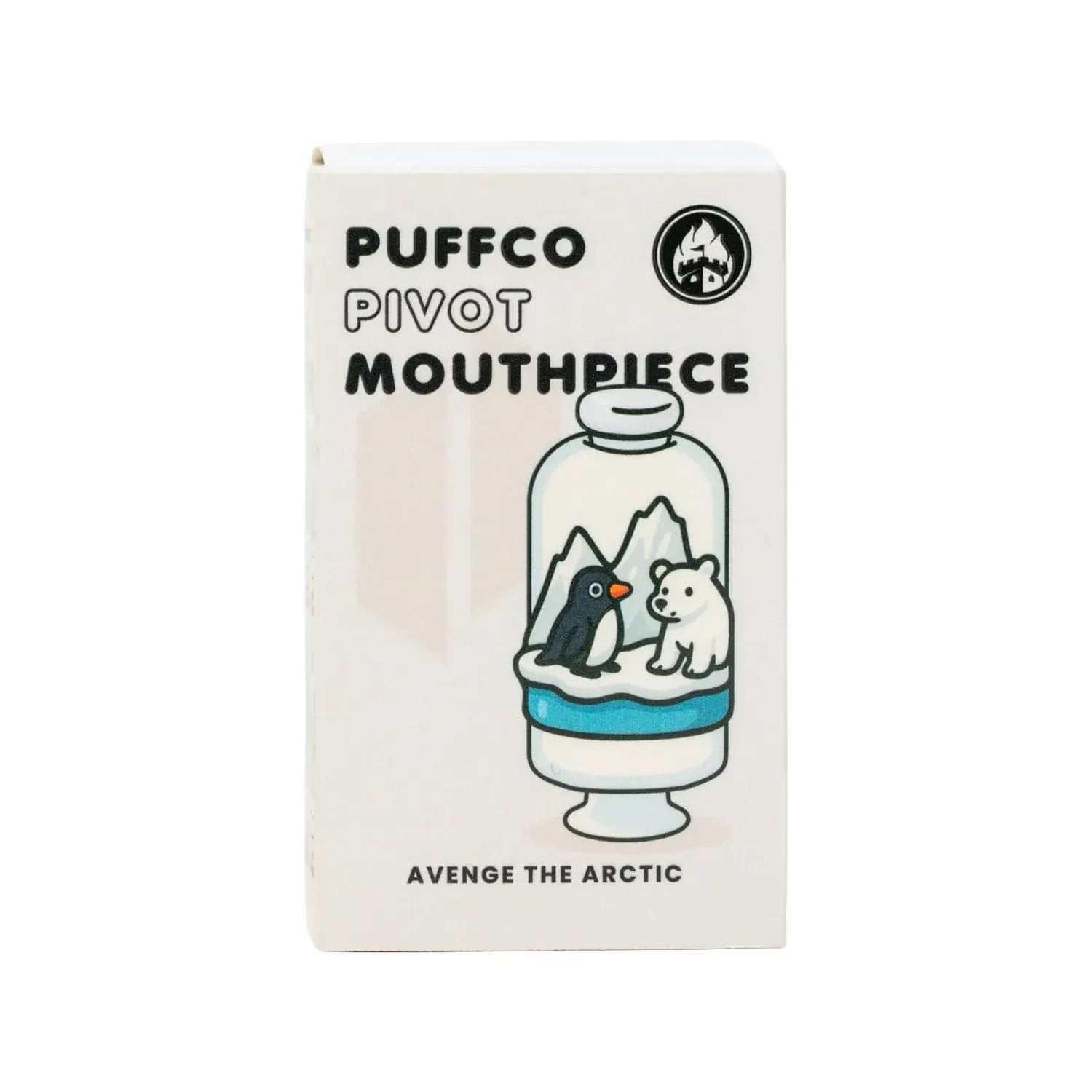 Front-facing box art for the Empire Glassworks Puffco Pivot Glass Mouthpiece - Avenge the Arctic showing a jar illustration with a penguin and polar bear on icy mountains.