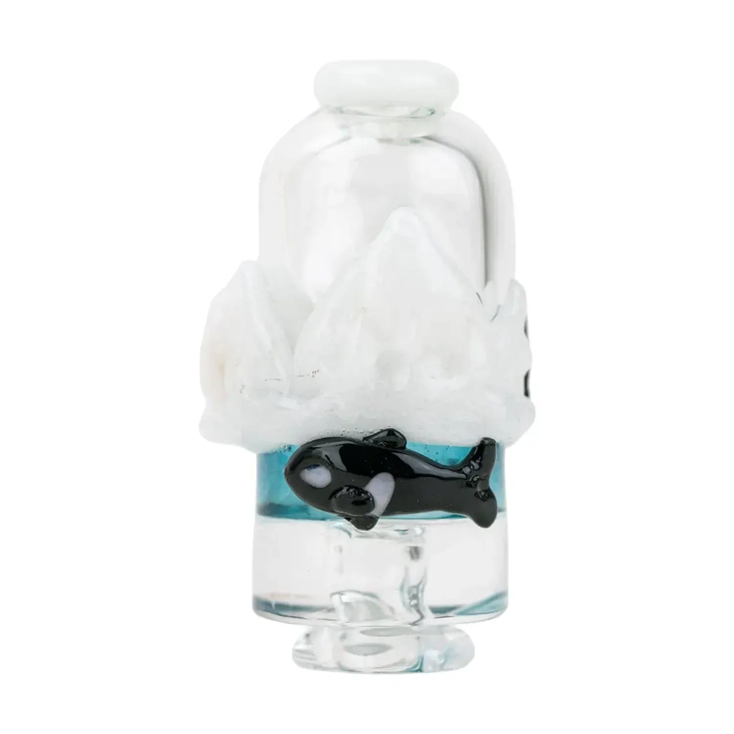 Close-up front view of the Empire Glassworks Puffco Pivot Glass Mouthpiece - Avenge the Arctic showing a clear rounded top, white frosted peaks and a small black orca over a band of blue.