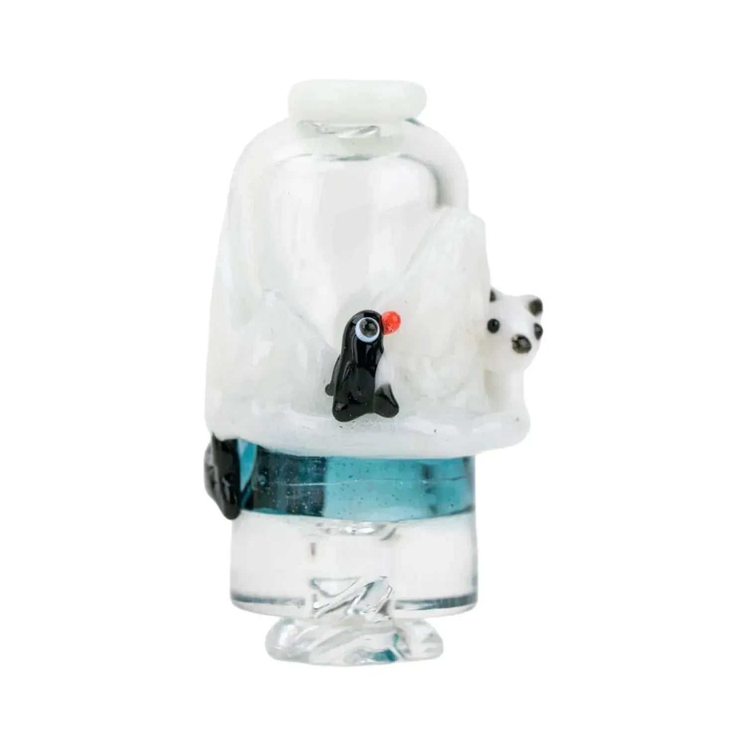 Close-up front view of the Empire Glassworks Puffco Pivot Glass Mouthpiece - Avenge the Arctic showing a white, snow-like glass cap with a tiny black penguin and a peeking polar bear on a teal-rimmed clear mouthpiece.