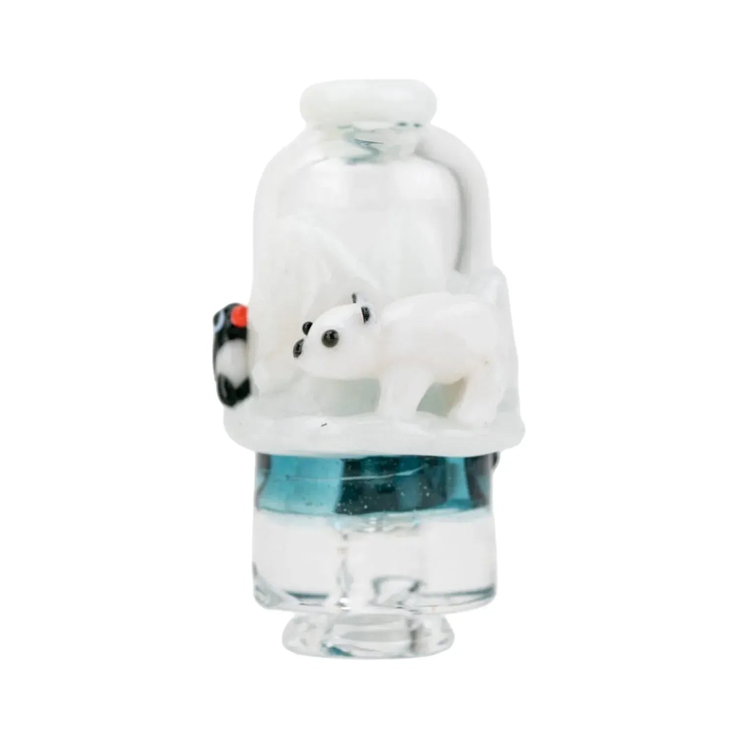 Close-up front view of the Empire Glassworks Puffco Pivot Glass Mouthpiece - Avenge the Arctic showing a white glass polar bear figurine and tiny painted lifebuoy on a rounded top.