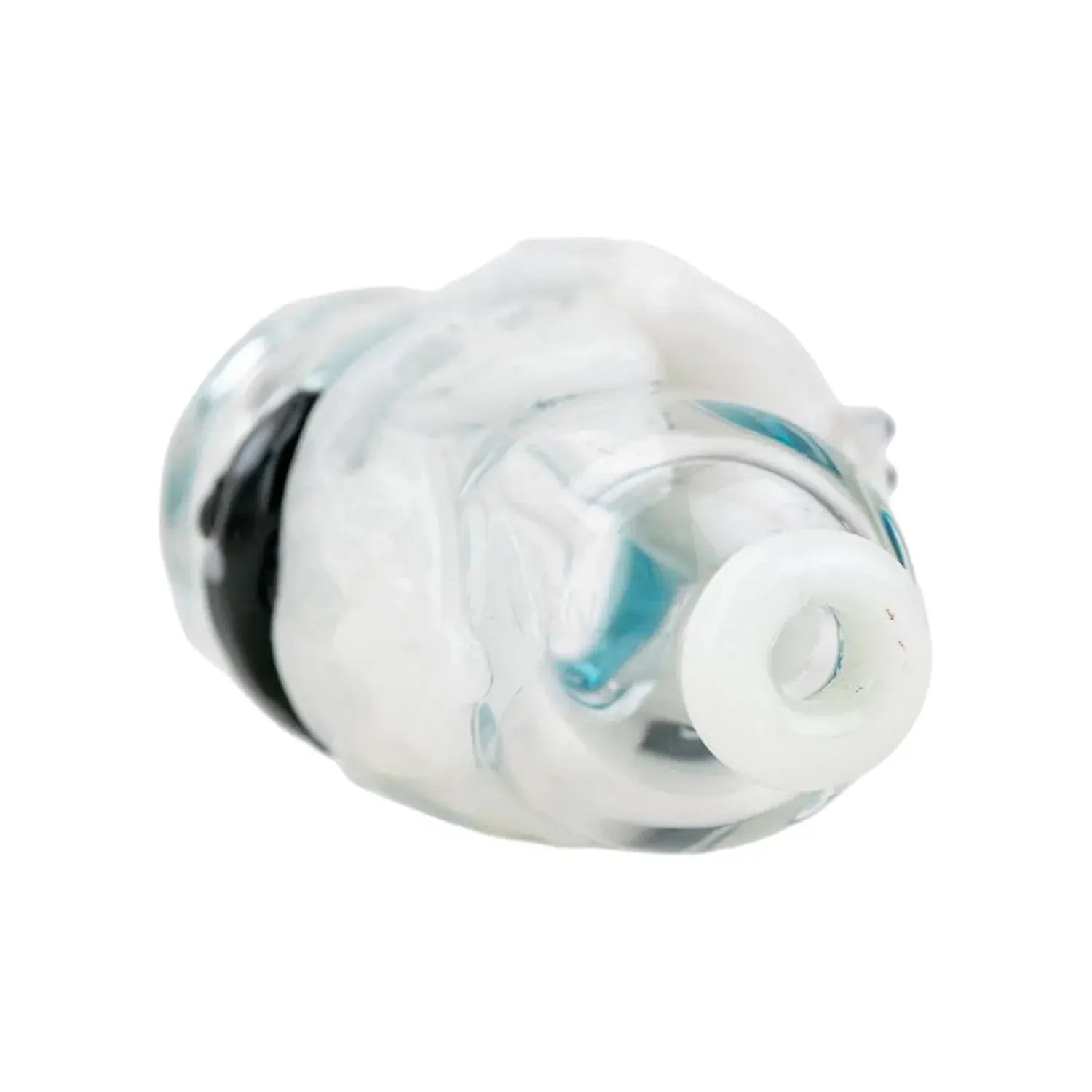 Close-up angled view of the Empire Glassworks Puffco Pivot Glass Mouthpiece - Avenge the Arctic showing its white-rimmed opening and swirled clear glass with pale blue accents.