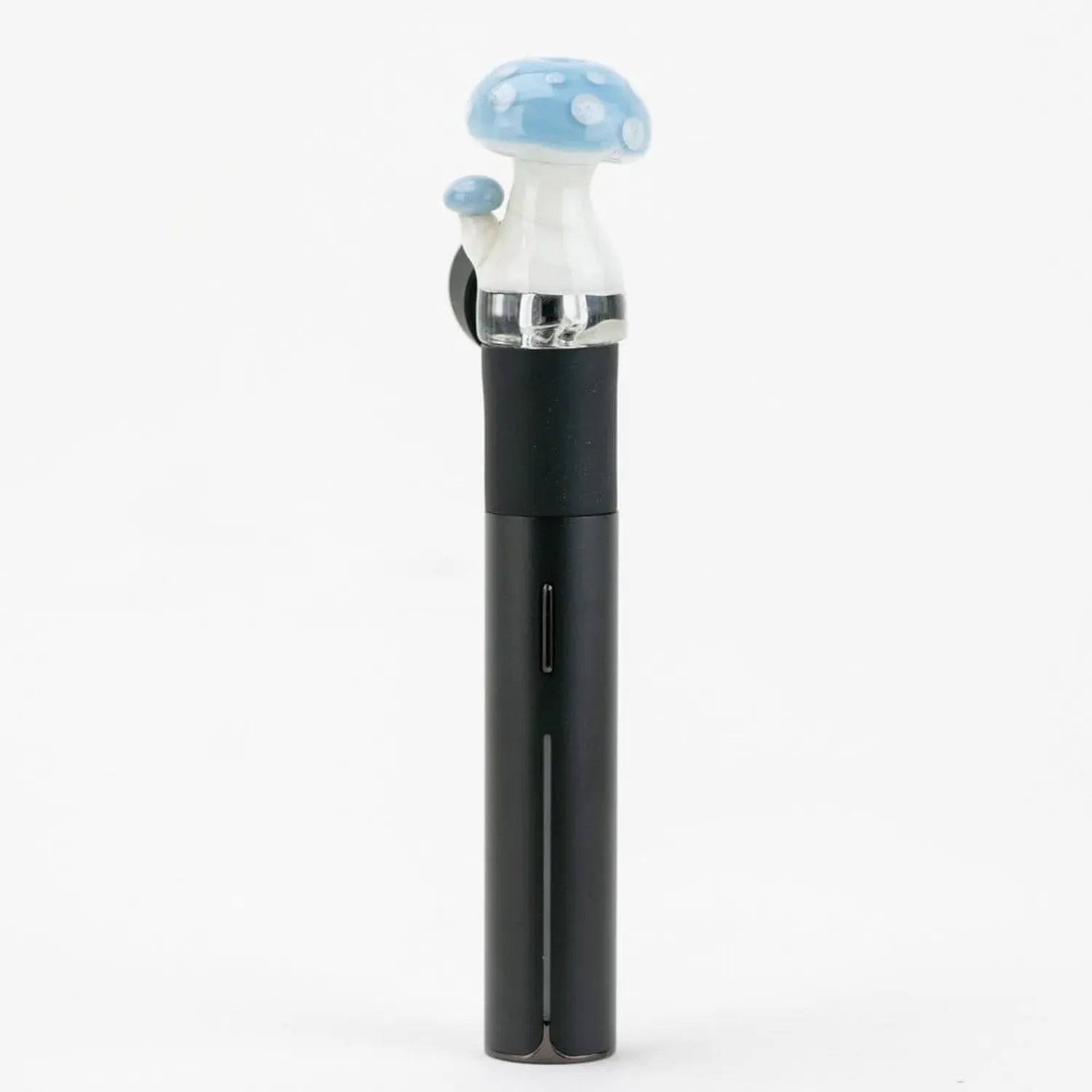 Vertical front view of the Empire Glassworks PuffCo Pivot Glass Mouthpiece - Blue Mushroom mounted on a black vaporizer against a plain white background