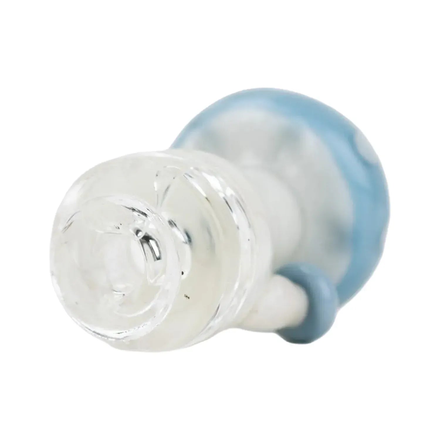 Close-up angled view of the Empire Glassworks PuffCo Pivot Glass Mouthpiece - Blue Mushroom showing the clear glass tip and soft blue rounded base.