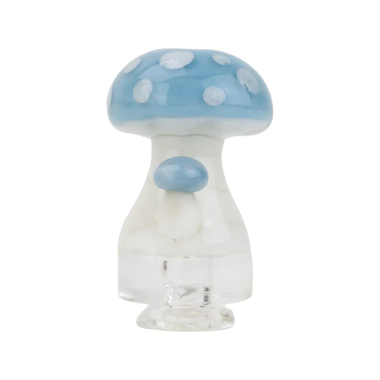 Close-up front view of the Empire Glassworks PuffCo Pivot Glass Mouthpiece - Blue Mushroom showing a clear stem topped by a glossy blue mushroom cap with white spots.