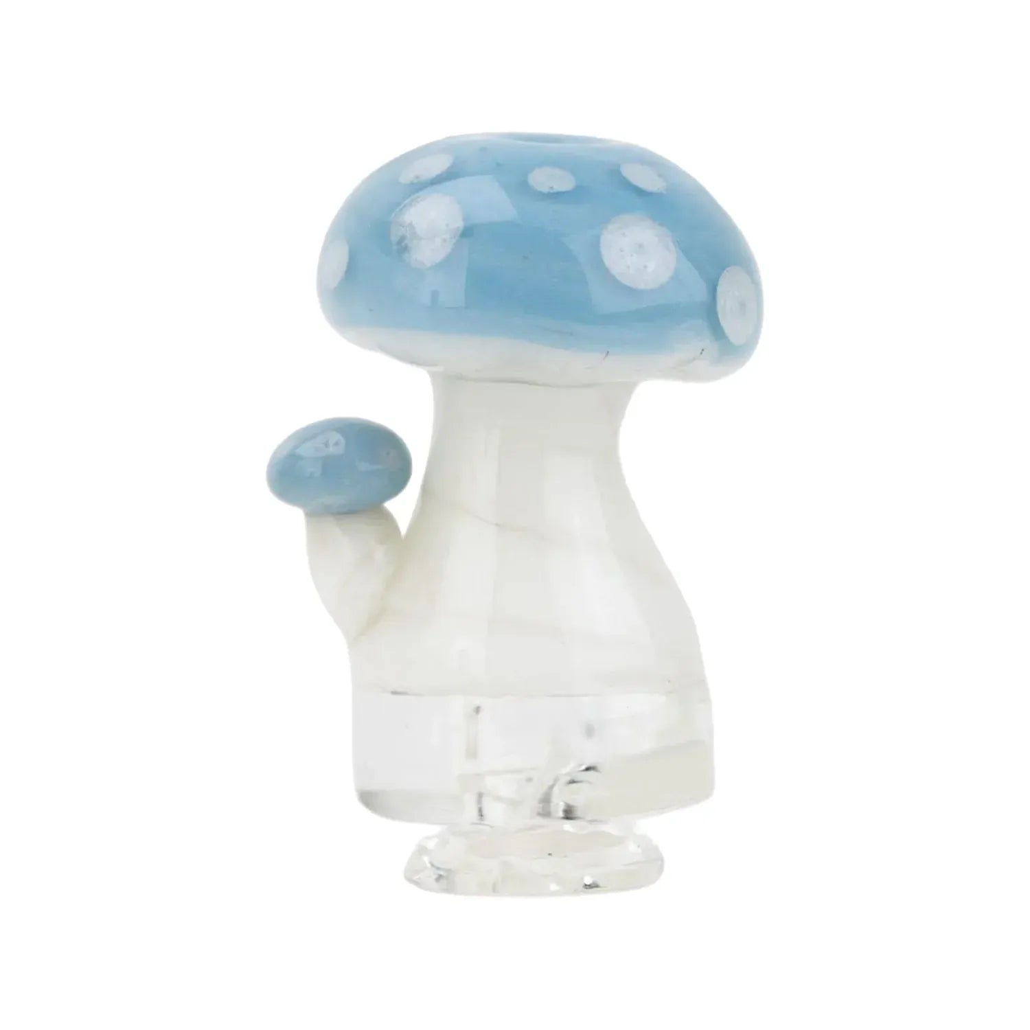 Close-up front view of the Empire Glassworks PuffCo Pivot Glass Mouthpiece - Blue Mushroom showing a clear glass stem topped with a blue, white-spotted mushroom cap.