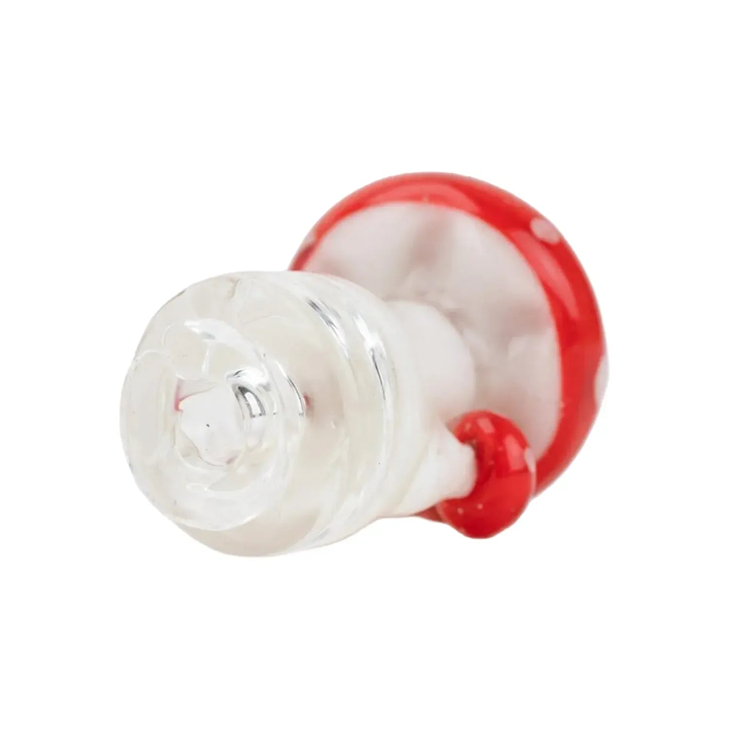 Close-up angled view of the Empire Glassworks PuffCo Pivot Glass Mouthpiece - Red Mushroom showing a clear glass stem with a red-rimmed mushroom cap detail.