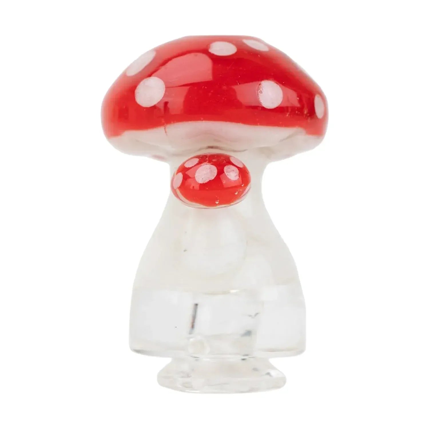 Close-up front view of the Empire Glassworks PuffCo Pivot Glass Mouthpiece - Red Mushroom showing a glossy red cap with white spots atop a clear glass stem.