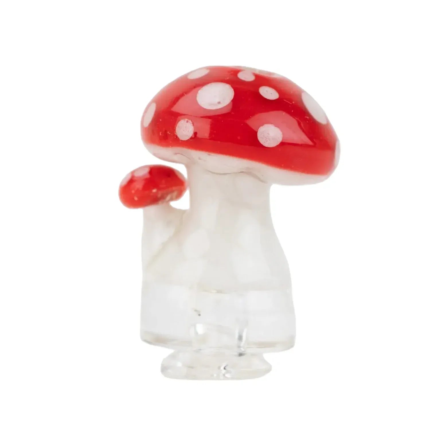 Close-up front view of the Empire Glassworks PuffCo Pivot Glass Mouthpiece - Red Mushroom showing a clear glass stem topped by a red cap with white polka dots.