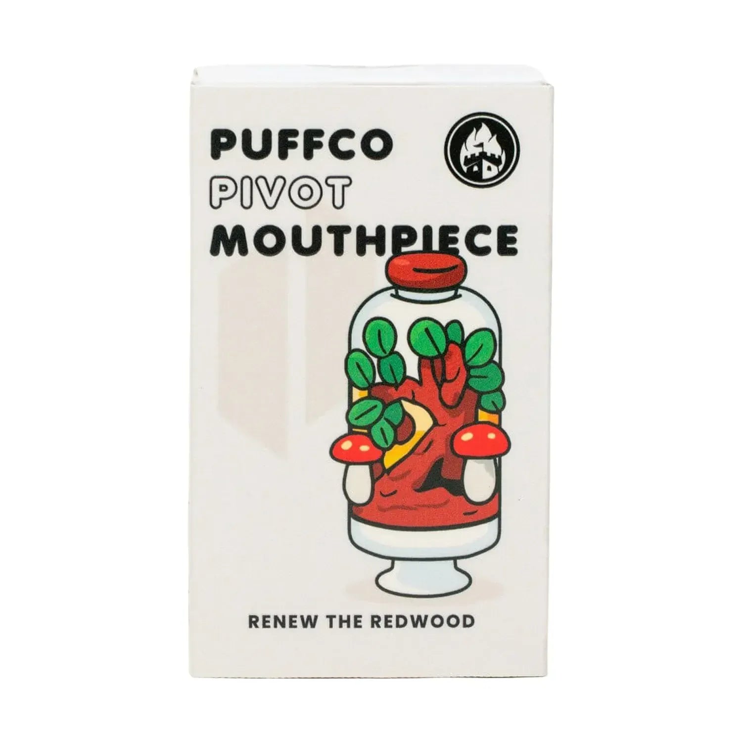 Straight-on view of the Empire Glassworks Puffco Pivot Glass Mouthpiece - Renew the Redwoods box featuring a jar illustration with a redwood tree and mushrooms.