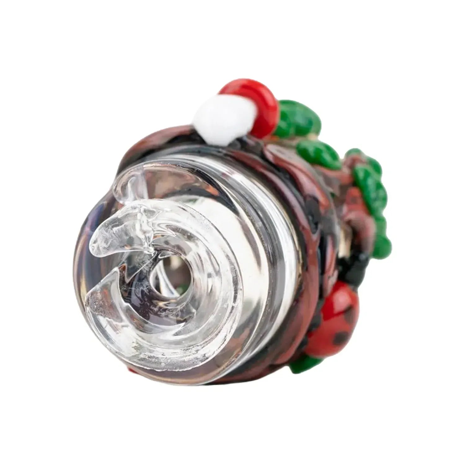 Close-up, angled view of the Empire Glassworks Puffco Pivot Glass Mouthpiece - Renew the Redwoods showing the clear glass tip and surrounding red and green textured detailing.