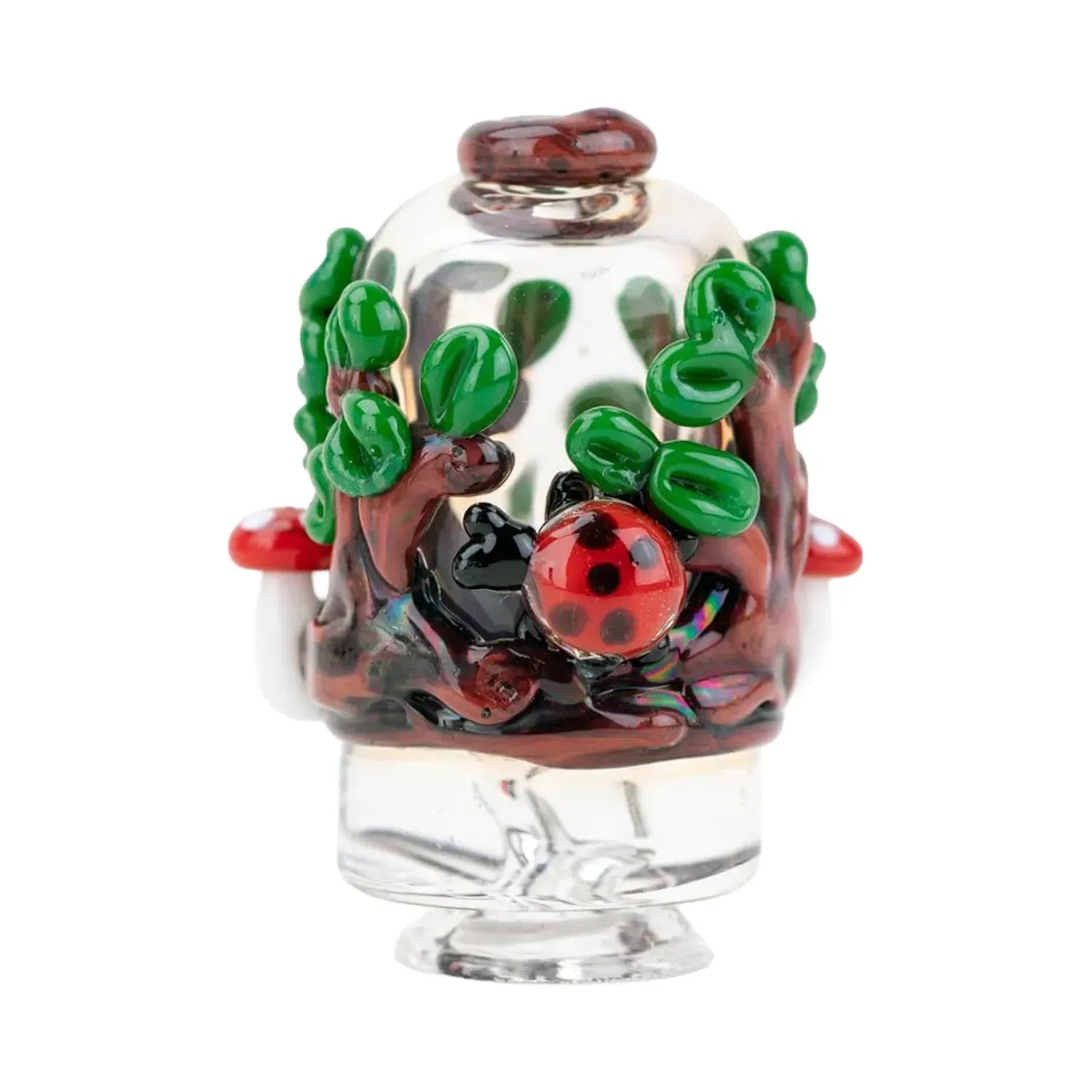 Close-up front view of the Empire Glassworks Puffco Pivot Glass Mouthpiece - Renew the Redwoods showing sculpted green trees, a red ladybug, and mushroom accents.