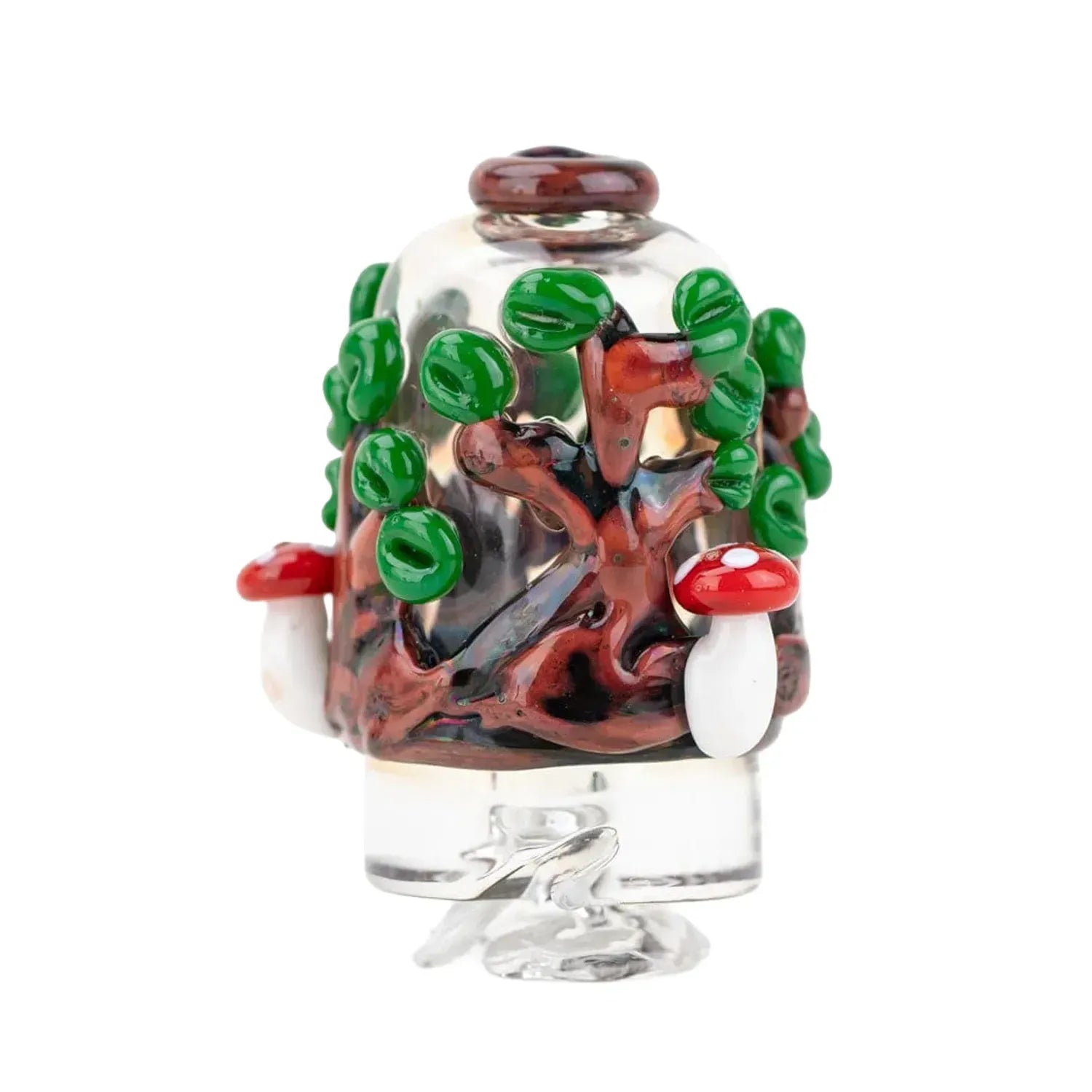 Close-up front view of the Empire Glassworks Puffco Pivot Glass Mouthpiece - Renew the Redwoods showing a tiny glass tree with green leaves and red-capped mushrooms.