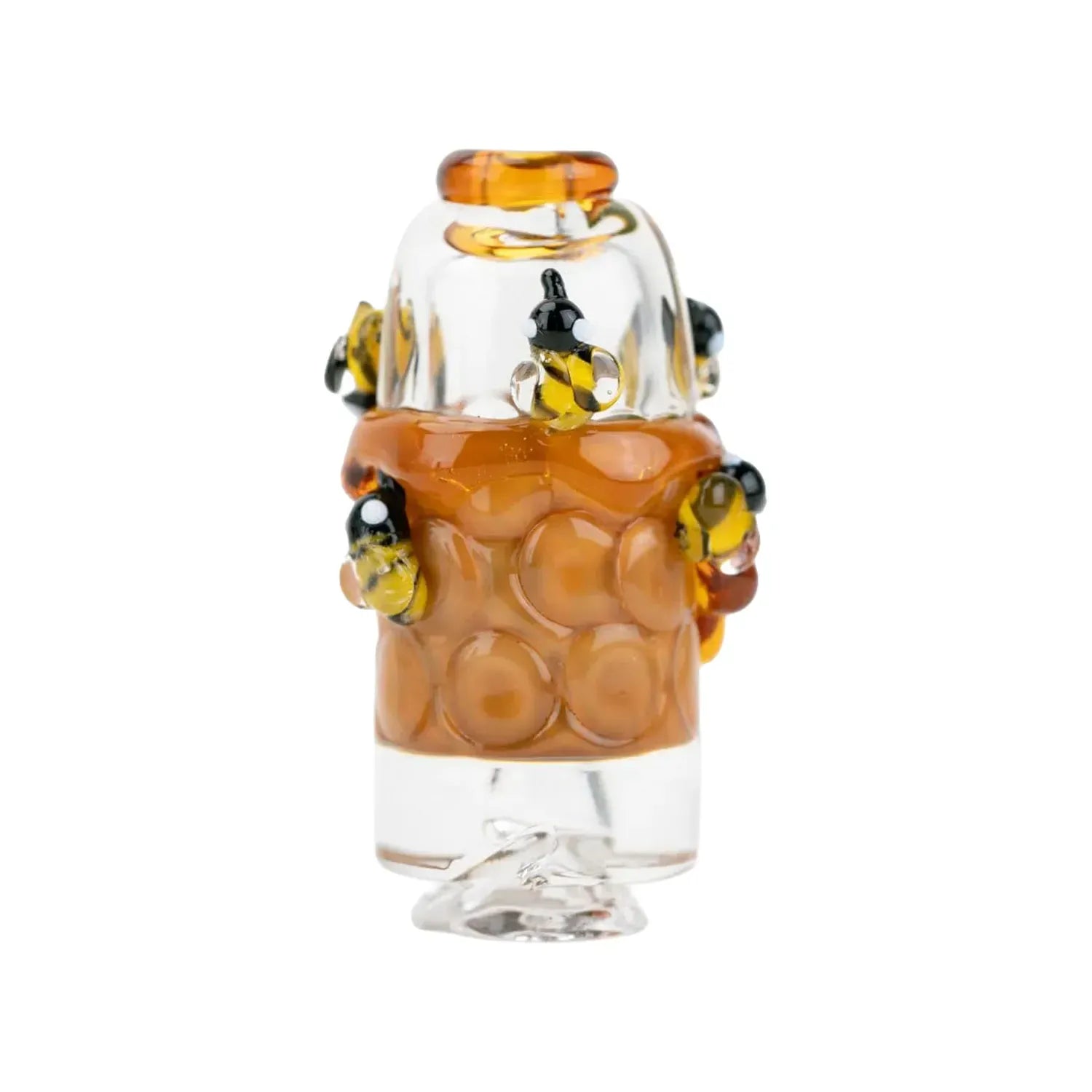 Close-up front view of the Empire Glassworks Puffco Pivot Glass Mouthpiece - Save the Bees showing amber glass beads and small bee accents.