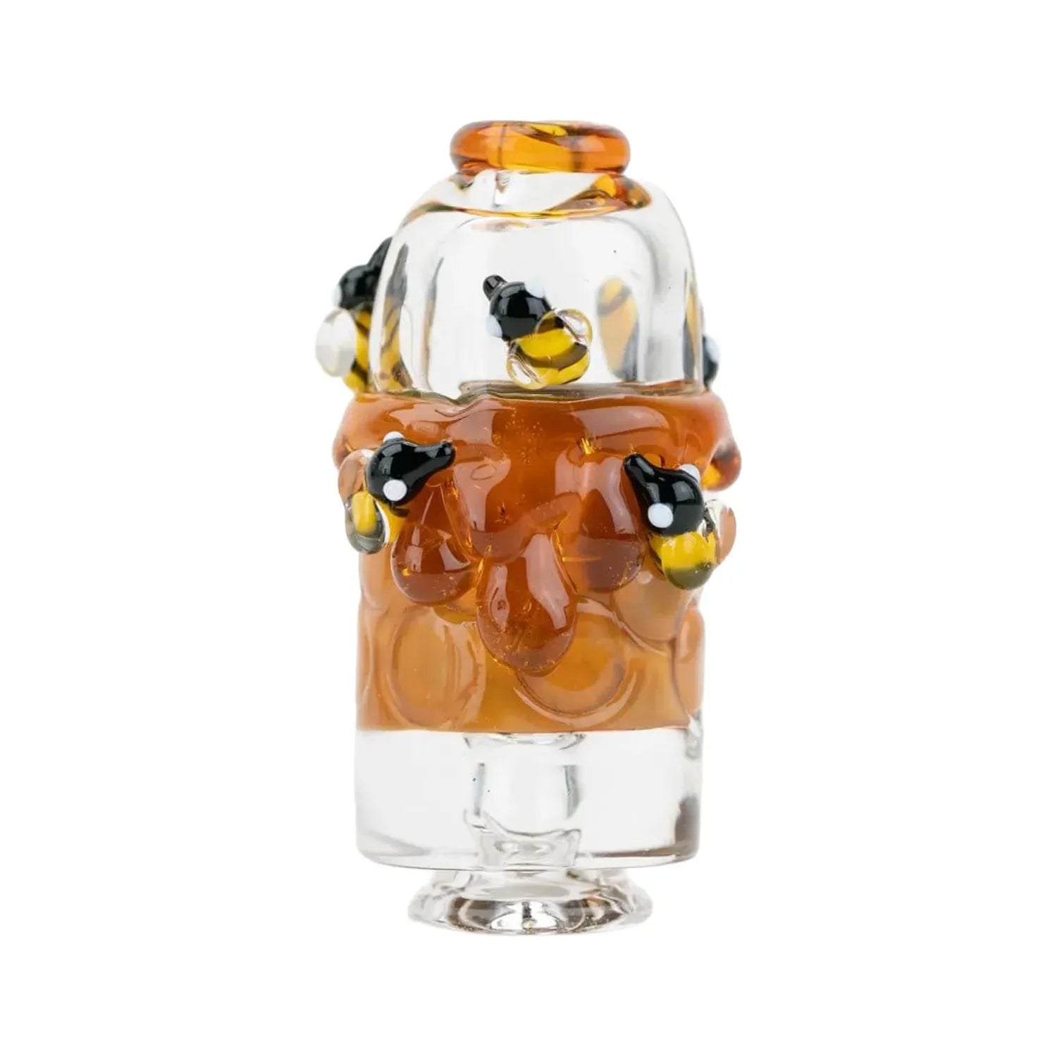 Close-up front view of the Empire Glassworks Puffco Pivot Glass Mouthpiece - Save the Bees showing a clear top and amber honeycomb body with tiny black-and-yellow bee accents.