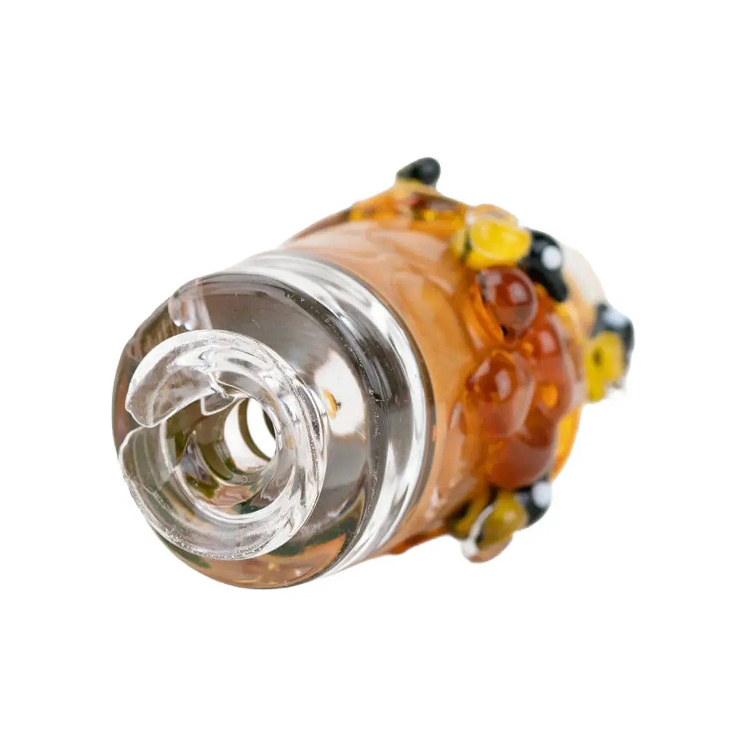 Close-up front view of the Empire Glassworks Puffco Pivot Glass Mouthpiece - Save the Bees showing a clear spiral inner mouthpiece and amber glass exterior dotted with small yellow and black bee-like glass accents