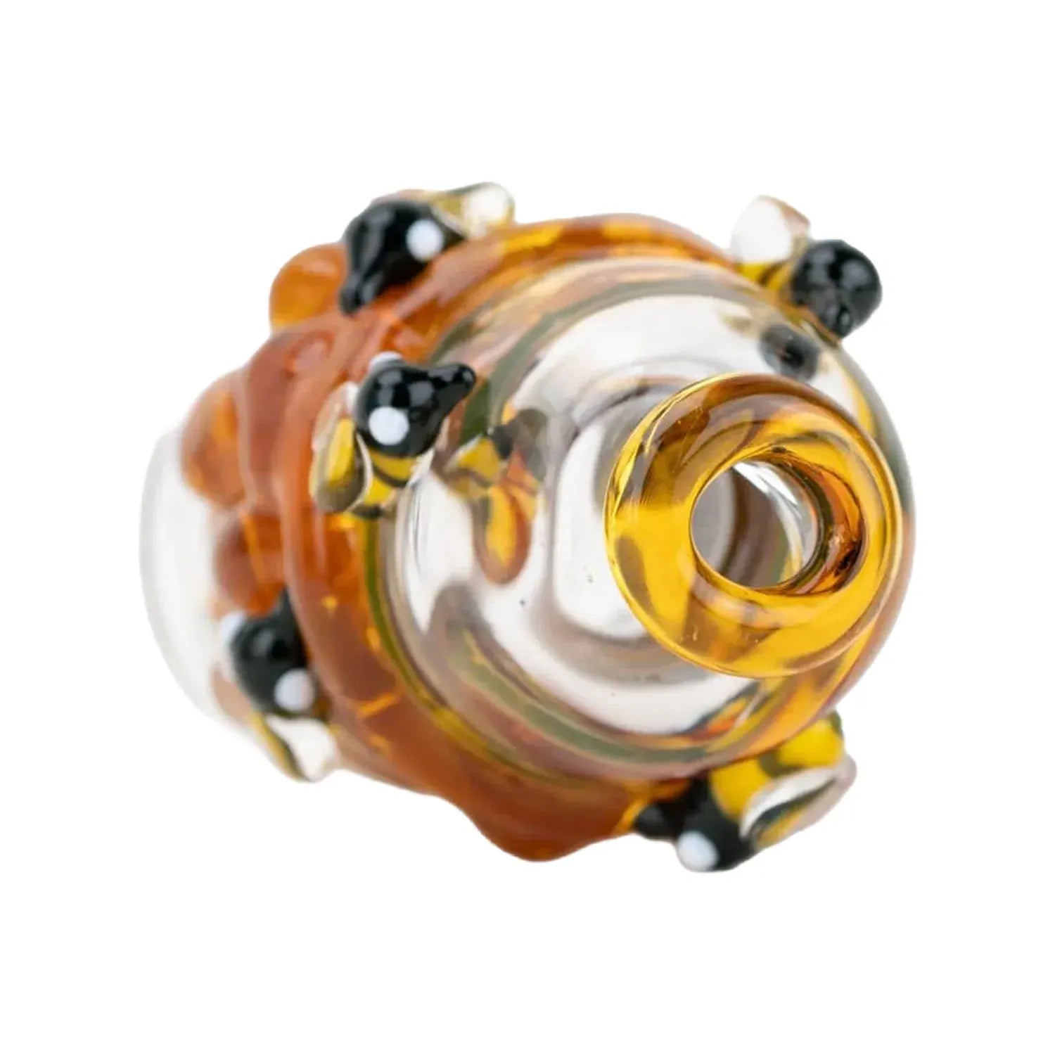 Close-up front view of the Empire Glassworks Puffco Pivot Glass Mouthpiece - Save the Bees showing amber-tinted glass with tiny black-and-yellow bee decorations around the rim.