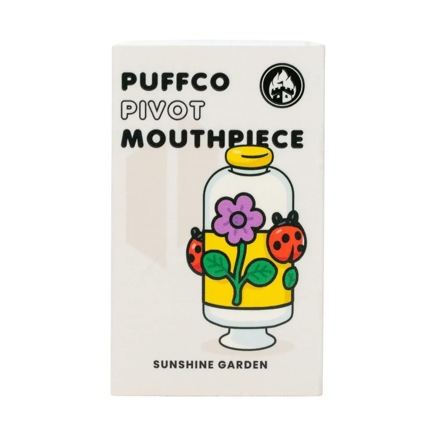 Front-facing illustration on the Empire Glassworks Puffco Pivot Glass Mouthpiece - Sunshine Garden box showing a jar with a purple flower and ladybugs.