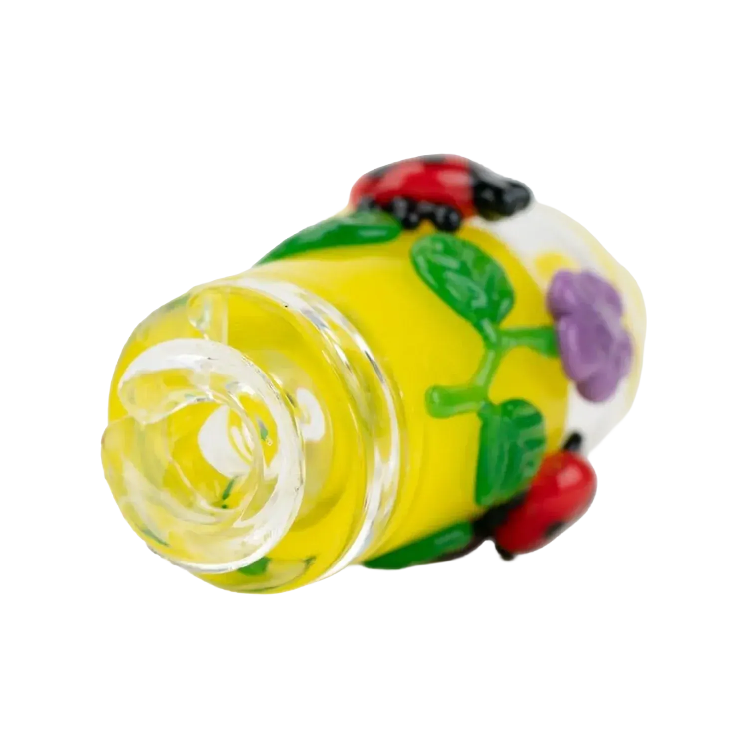 Close-up angled view of the Empire Glassworks Puffco Pivot Glass Mouthpiece - Sunshine Garden showing a yellow glass body with raised green leaves, a purple flower, and a red ladybug.
