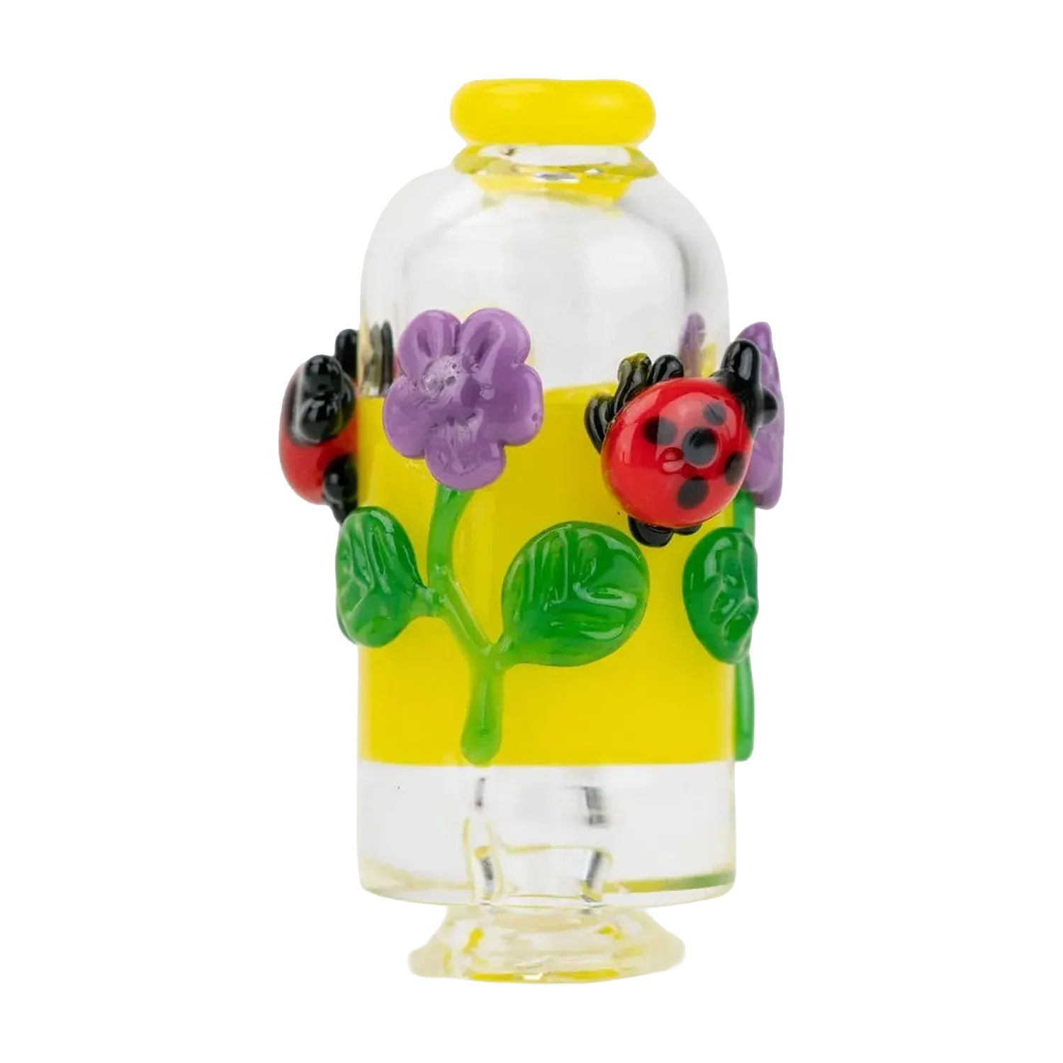 Close-up front view of the Empire Glassworks Puffco Pivot Glass Mouthpiece - Sunshine Garden showing a yellow band with raised green leaves, purple flowers and red ladybug decorations.