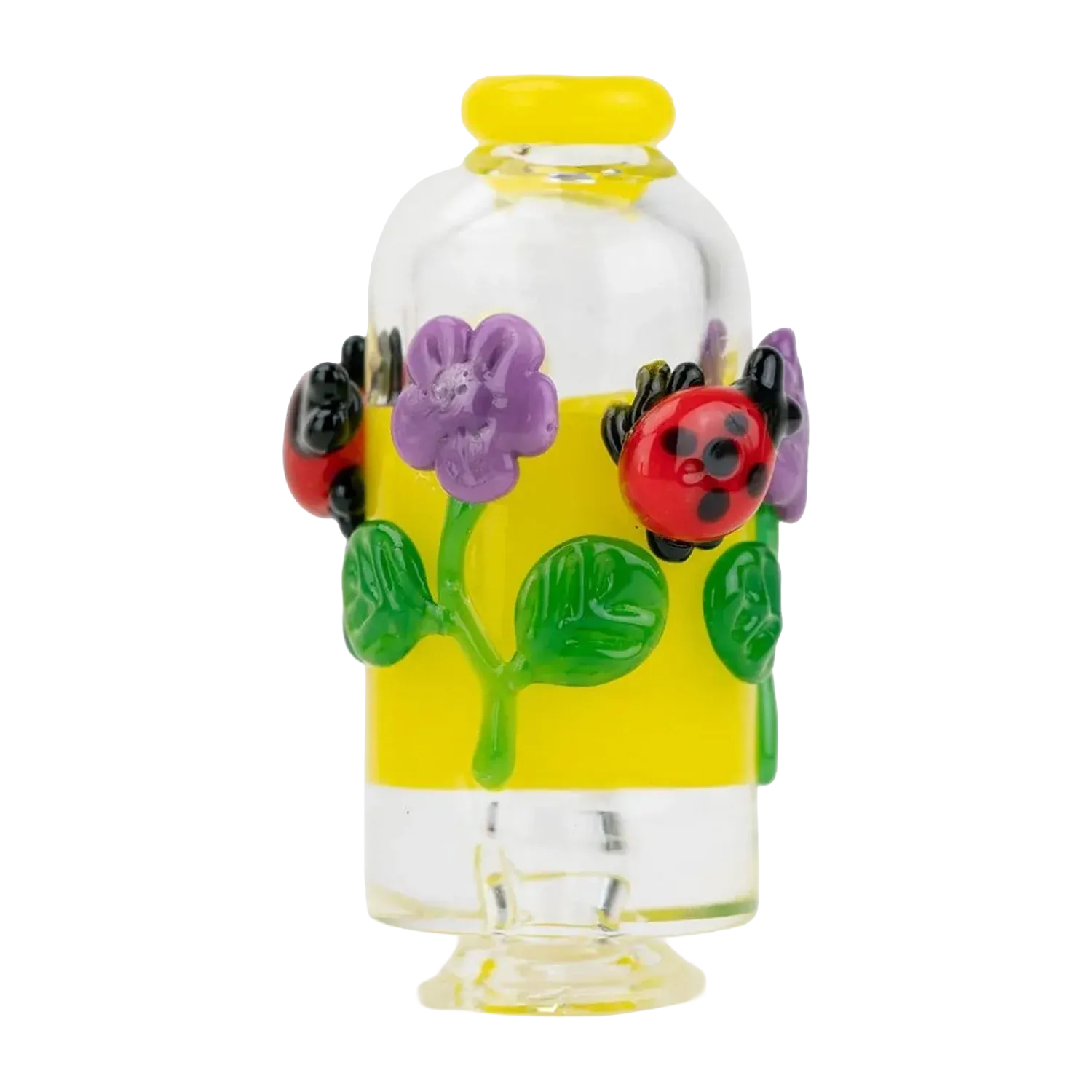 Close-up front view of the Empire Glassworks Puffco Pivot Glass Mouthpiece - Sunshine Garden showing a yellow band with raised green leaves, purple flowers, and red ladybugs.