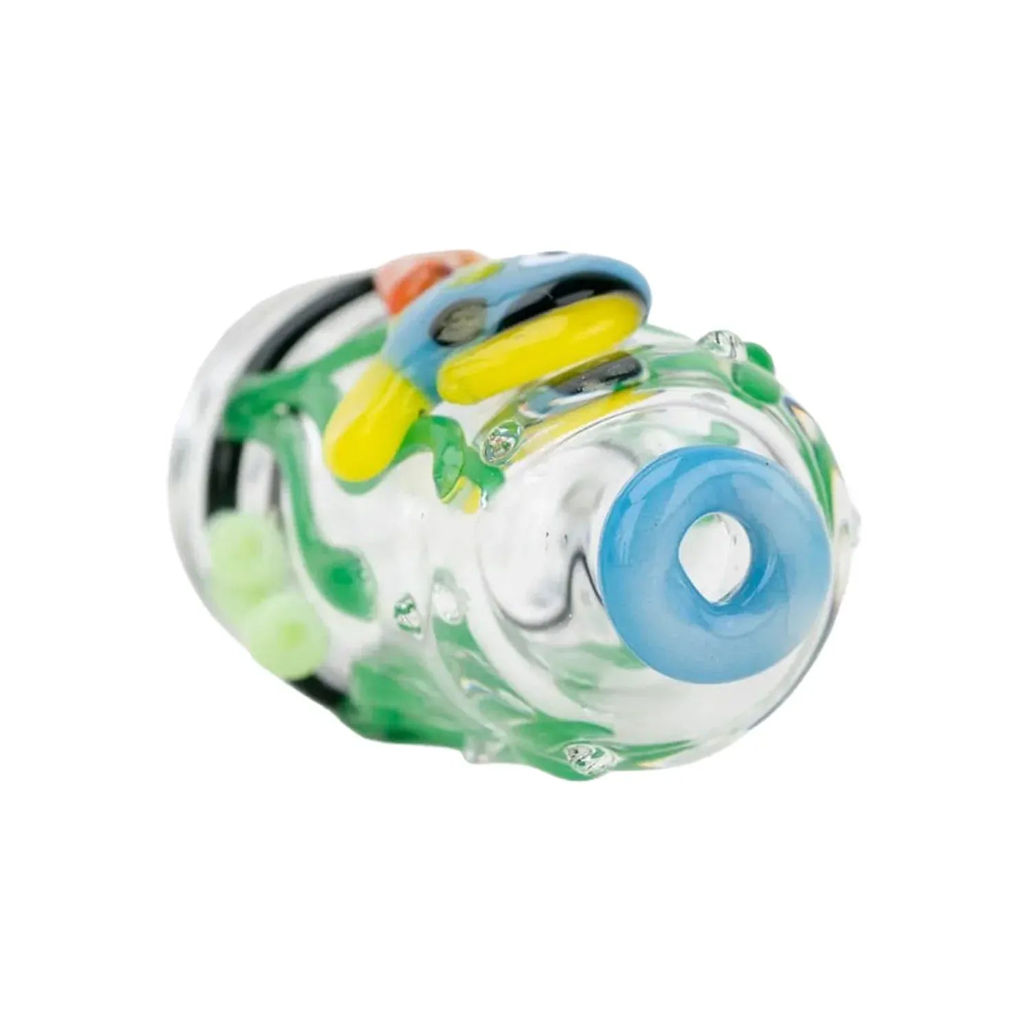 Close-up angled view of the Empire Glassworks Puffco Pivot Glass Mouthpiece - Under the Sea showing a clear glass mouthpiece with blue rim and a small colorful glass fish decoration.