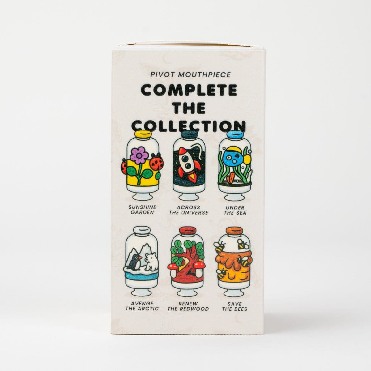 Front-facing product box photo of the Empire Glassworks Puffco Pivot Glass Mouthpiece - Avenge the Arctic showing illustrated capsule designs including a polar bear scene labeled "Avenge the Arctic."
