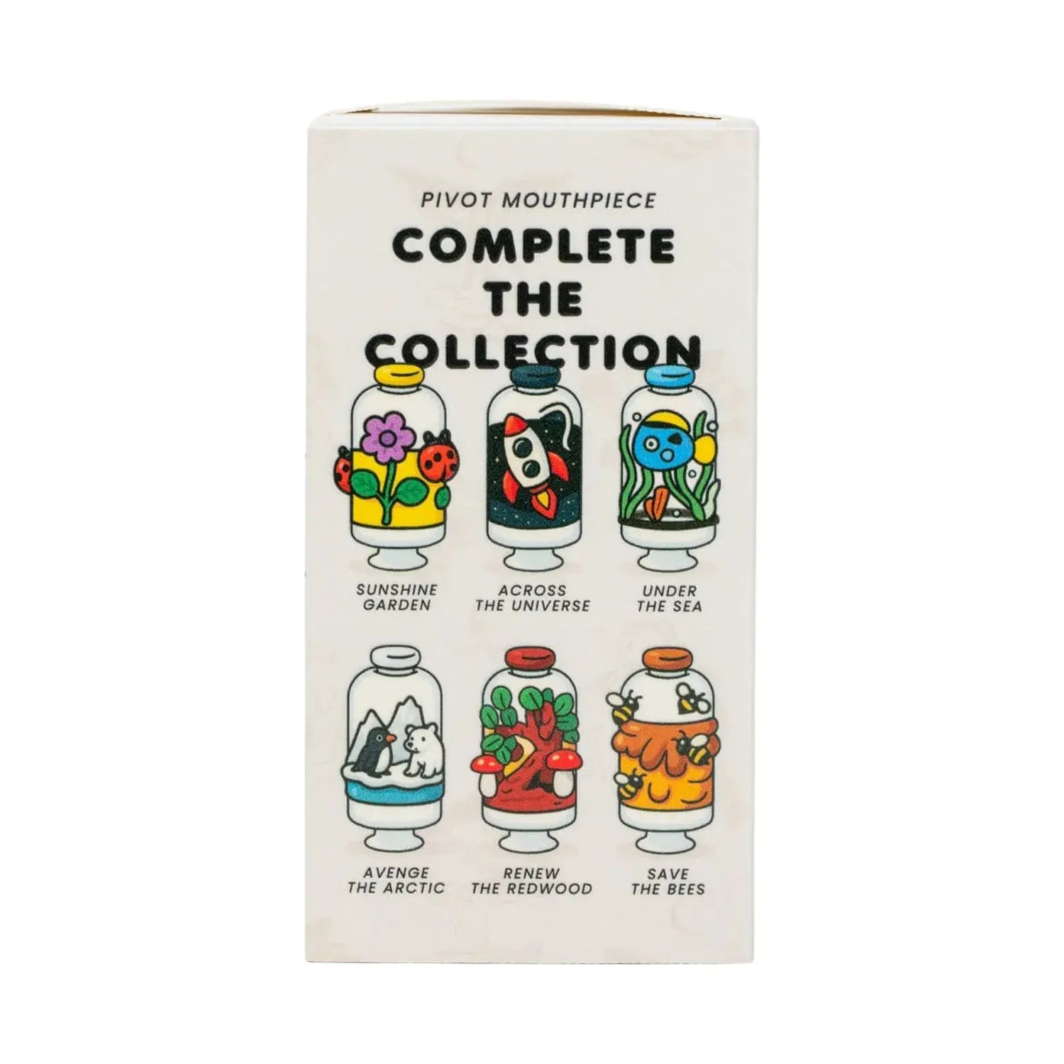 Centered front view of the Empire Glassworks Puffco Pivot Glass Mouthpiece - Under the Sea packaging showing colorful jar illustrations including a blue fish and seaweed labeled "Under the Sea."